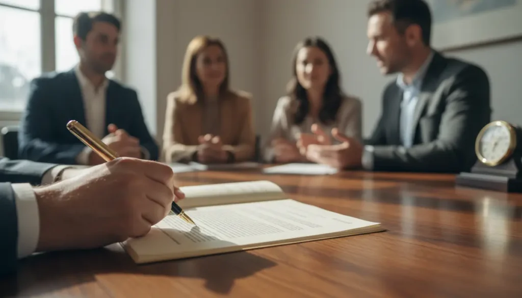 Inventário Extrajudicial sendo formalizado em cartório com família reunida e tabelião