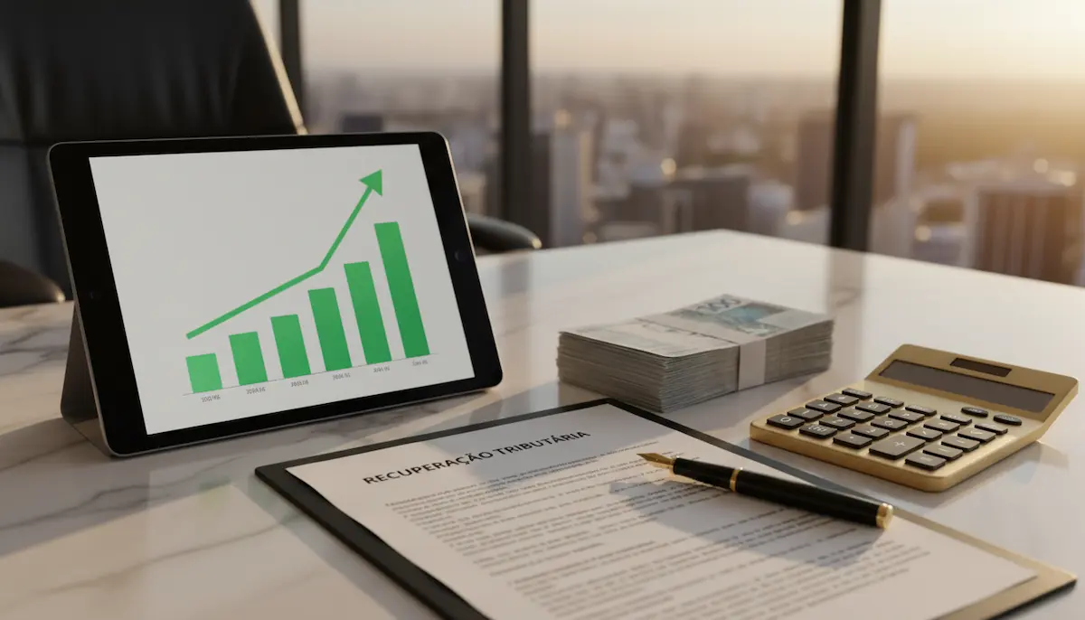 Recuperação de Créditos Tributários impacto no caixa, gráfico ascendente e moedas representando recursos recuperados